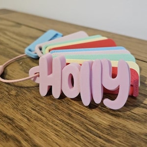 May include: A fan-style collection of 3D-printed plastic name tags, each featuring a different name in a rounded, bold font. The tags are attached to a thin, flexible pink cord. The colors include light pink, blue, mint green, yellow, and red.