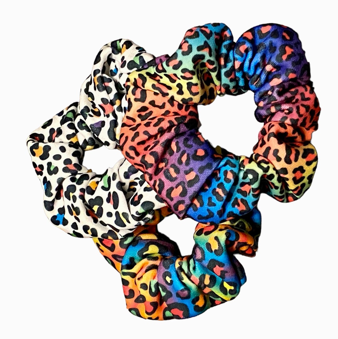 Rainbow Leopard Scrunchies: Set of 3 Colorful Hair  display picture 3
