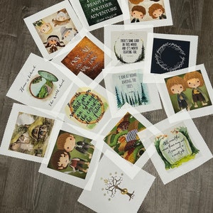 May include: A set of 10 fabric squares featuring quotes and illustrations from The Lord of the Rings. The squares are white with a scalloped edge and feature various characters and scenes from the book.