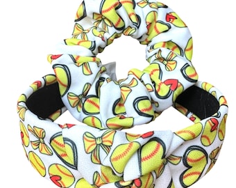 Softball Geschenk Haarschmuck: Scrunchie und Stirnband Set mit Softball Schleifen und Herzen - Gelb und Weiß