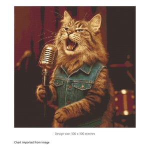May include: Cross stitch chart titled "Lead Singer" showing a cat in a denim vest singing into a vintage microphone. The design size is 300 x 300 stitches. The chart is imported from an image.