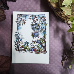 Fairy Lantern Card – Watercolor Illustration Foliage Ivy Candle Mushroom
