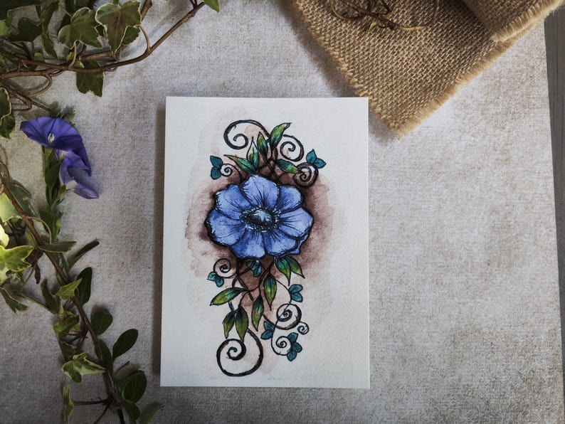 Blue Flower Card Anemone Foliage – Illustration Arabesque Fine image 1