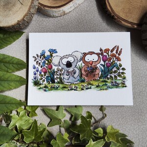 Carte illustrée A6 – Koala et Hibou fleuris – Illustration Animaux à l’aquarelle