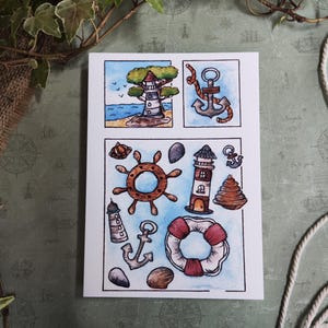 Küstenkarte – Meeresobjekte im Aquarell-Leuchtturm