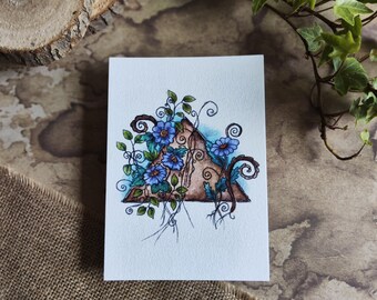 Vintage Triangle A6 Card – Watercolor illustration of purple flowers and foliage around an antique, fairytale botanical shape
