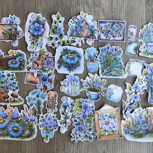 Lot de stickers fleurs bleues Violet – 28 autocollants floraux illustrés à l’aquarelle, ambiance botanique et nature