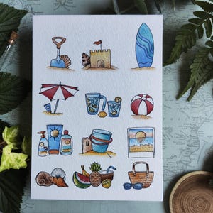 Carte Vacances à la Plage – Objets d’Été en Aquarelle
