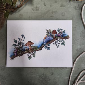 A6 card with flowering branch and mushrooms – Botanical watercolor illustration, soft and magical nature – Magic watercolor