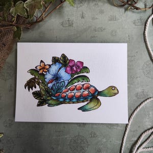 Illustration été – Tortue marine et feuillage tropical à l’aquarelle – Format A6