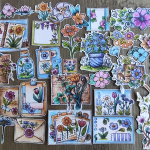 Adesivi con fiori acquerellati - Set di 33 adesivi illustrati - Fiori colorati, quaderni botanici, vasi di fiori, cancelleria creativa