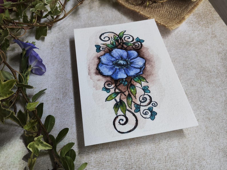 Blue Flower Card Anemone Foliage – Illustration Arabesque Fine image 2