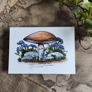 Mushroom and blue flowers card – Nature illustration - Pierre Forêt