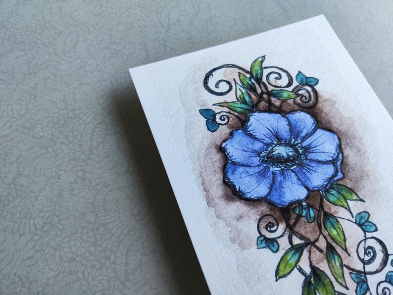 Blue Flower Card Anemone Foliage – Illustration Arabesque Fine image 5