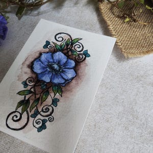 Blue Flower Card Anemone Foliage – Illustration Arabesque Fine image 3