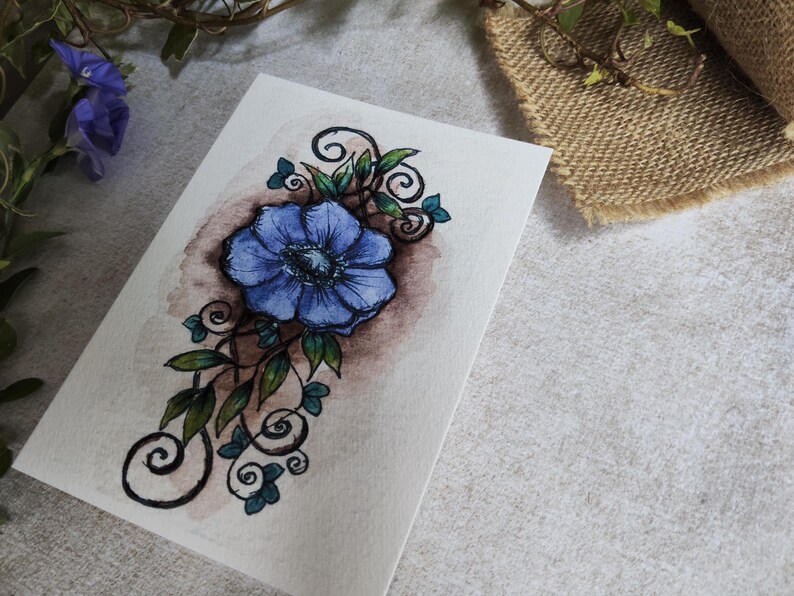 Blue Flower Card Anemone Foliage – Illustration Arabesque Fine image 3