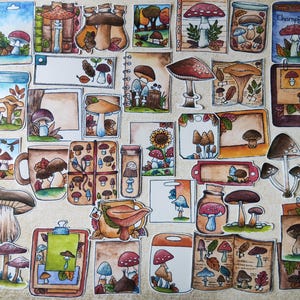 Stickers champignons  – Lot de 36 autocollants à l’aquarelle - Illustrations forêt et automne