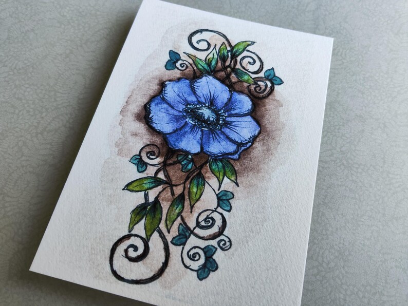Blue Flower Card Anemone Foliage – Illustration Arabesque Fine image 4