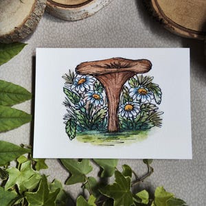 Gänseblümchen-Blumen-Pilz-Karte – Aquarell-Garten-Illustration