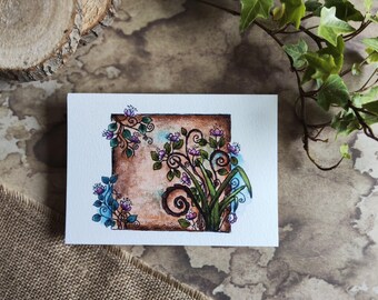 A6 Rectangle Floral Card – Watercolor illustration of an antique frame with pink flowers and foliage, botanical and romantic style