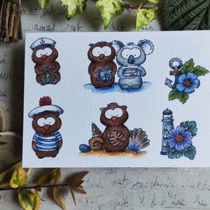 Carte Oiseaux Marins et Animaux Koala Rigolos – Illustration Mer été