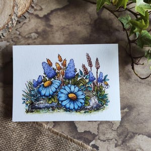 A6 floral card – Original watercolor illustration – Blue daisies and wildflowers – Poetic card to frame or give as a gift