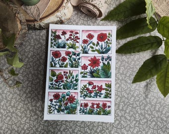 A6 illustrated card – Red watercolor flowers – Spring nature – Fine print on 300g paper