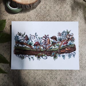 Carte A6 champêtre illustrée – Branche fleurie avec champignons, aquarelle imprimée d’une illustration magique et botanique, carte nature
