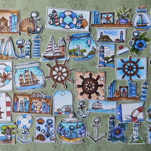Stickers bord de mer – Lot de 40 autocollants marins à l’aquarelle - Thème océan, phares et bateaux