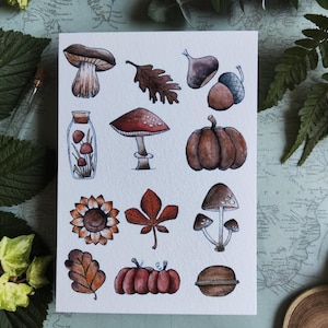 Autumn Nature Card – Leaves, Mushrooms and Pumpkins