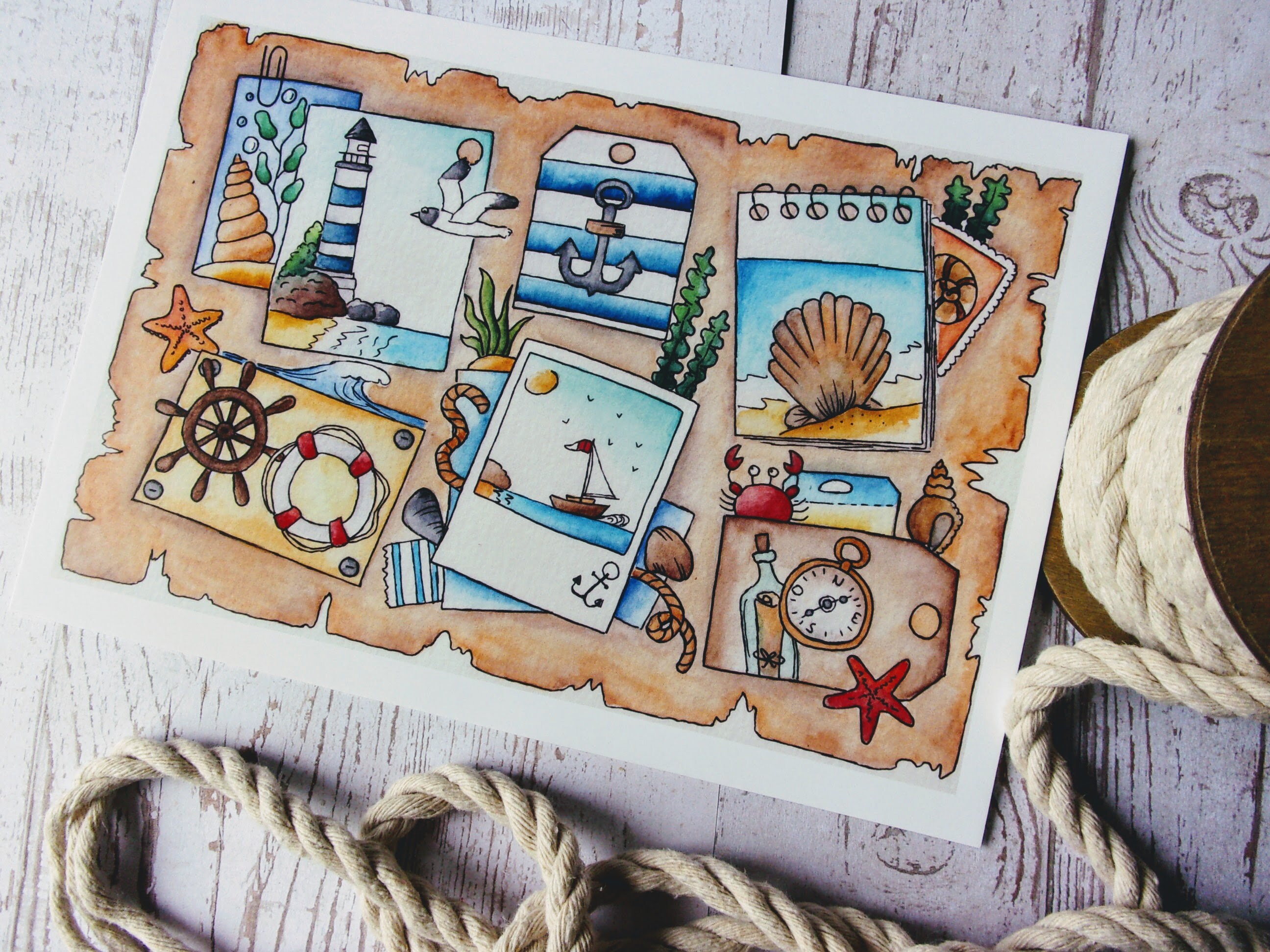 Affiche Aquarelle Marin Poster Home Déco Mer Illustration Phare Voilier Ancre Coquillage Barre Bouée