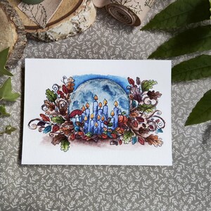 Carte A6 "Clair de lune et bougies enchantées" – Illustration à l’aquarelle, ambiance automnale et magique