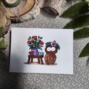 Carte illustrée – Hibou gourmand & fleurs – Goûter fleuri à l’aquarelle – Format A6