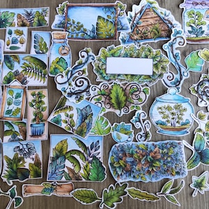 Set di adesivi con fogliame – 44 adesivi illustrati ad acquerello, piante, natura e terrari