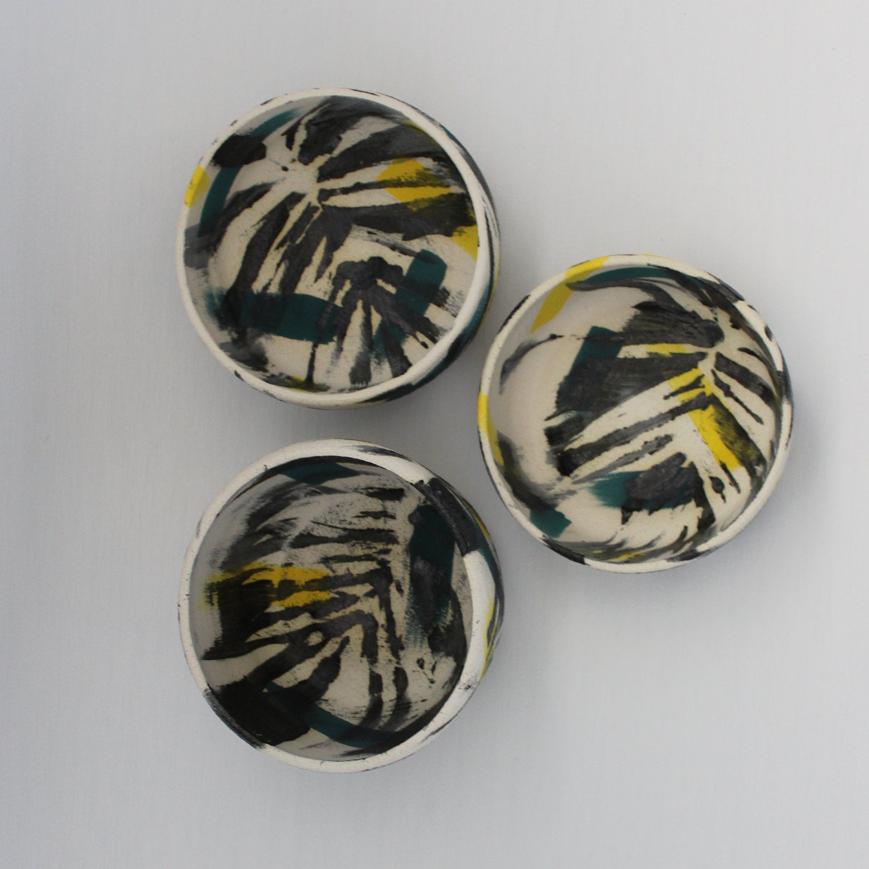Set of 3 ornamental dishes with palm leaf print yellow and Etsy