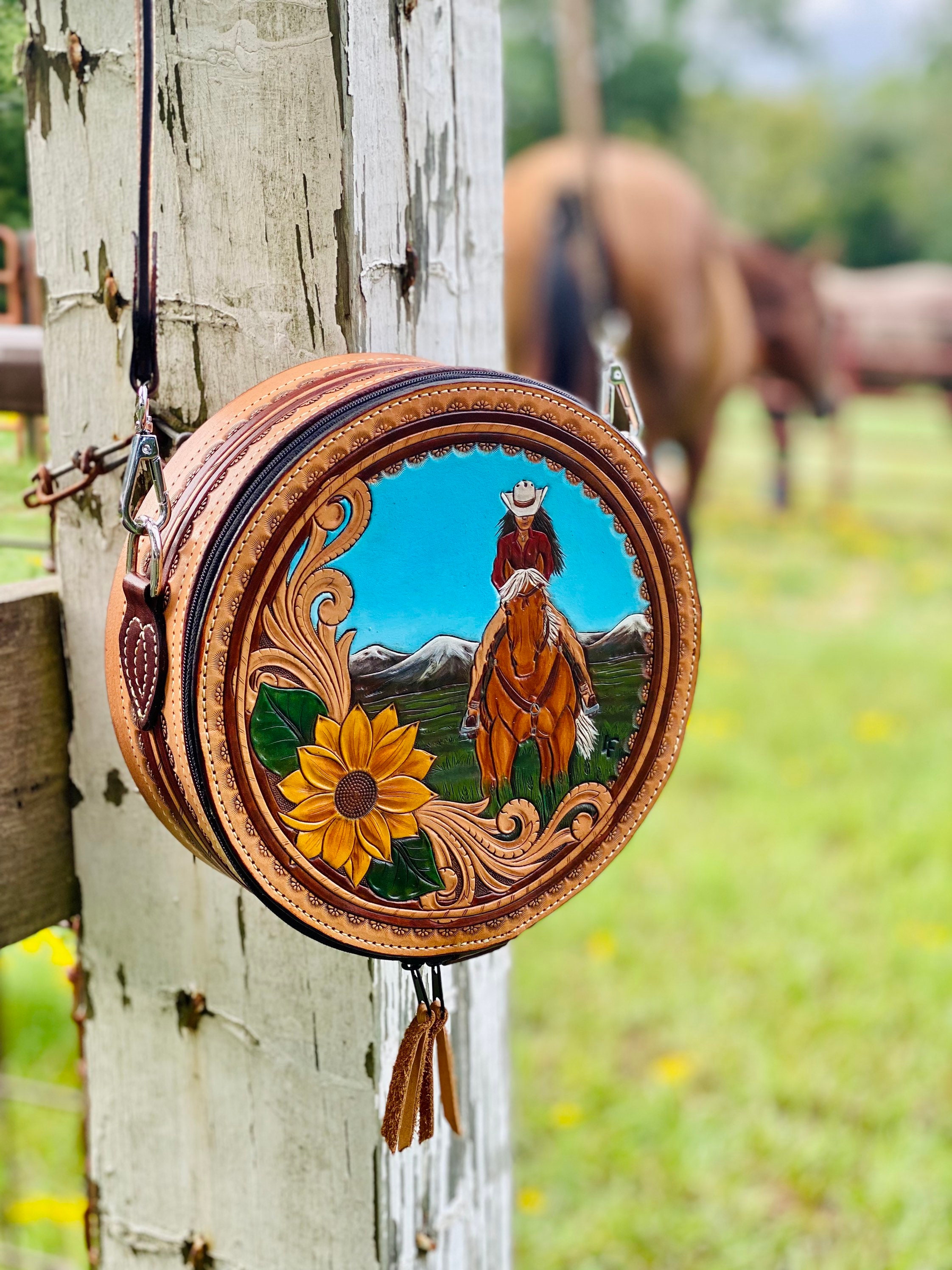 Tooled Leather Cowgirl and Sunflower Round Purse Can Bag -  Canada