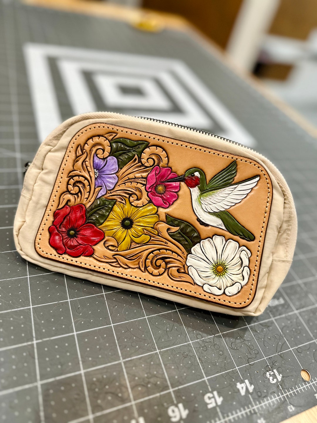 Tooled Leather Flower and Hummingbird Cream Bum Bag/ Fanny Pack - Etsy