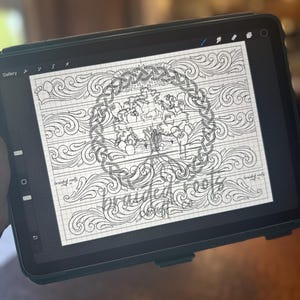 May include: A digital drawing of a western-style design with intricate floral patterns and a central scene of a horse and rider. The design is on a gridded background and labeled "braided rosettes".