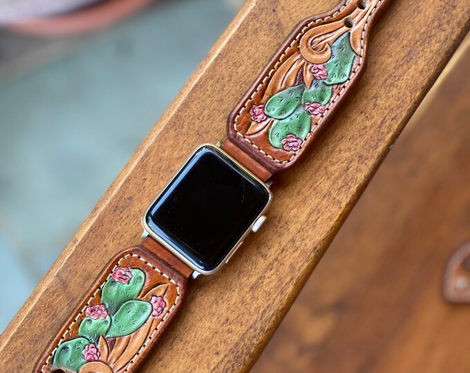 Hand Tooled Leather Cactus Apple Watch Band Etsy