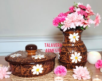 Set Talavera Tortilla Warmer + Vase Brown Daisy flowers Pottery Tortillero Florero Kitchen home Decor Christmas gift for her LIMITED EDITION