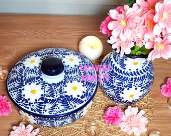Set Talavera Tortilla Warmer + Vase Blue Daisy flowers Pottery Tortillero Florero Kitchen home Decor Christmas gift for her LIMITED EDITION