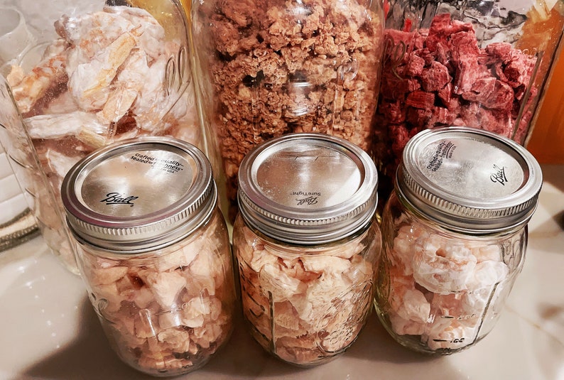 Puede incluir: Cuatro tarros de vidrio llenos de diferentes tipos de comida seca. Los tarros tienen tapas plateadas con la palabra "Ball" impresa en ellos. Los tarros est&aacute;n sentados en una encimera.