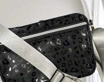 Beautiful black animal print vegan leather crossbody bag.