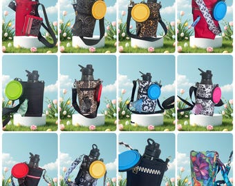 Water bottle holder water proof canvas . Can hold a VERY LARGE water bottle. Holds doggy poop bags and water bowl.