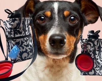 Water bottle carrier. Waterproof Canvas. Can hold a VERY LARGE water bottle, Exterior zipper pocket to hold dog poop bags, dog water bowl.