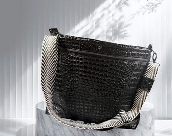 Tote Bag, magnetic snap top closure, croc faux leather.