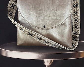 Taupe, soft, iridescent faux leather crossbody/handbag