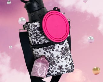 water bottle holder. Waterproof Canvas Fabric, Exterior zipper pocket to hold dog poop bags, detachable water bowl for your dog.