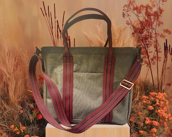 Large waterproof vinyl taupe tote bag. crossbody/shoulder bag. Perfect for fall.  Pattern by Lauren Mormeno.
