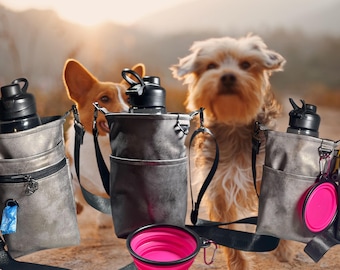 Water bottle carrier. Waterproof Canvas. Can hold a VERY LARGE water bottle, Exterior zipper pocket to hold dog poop bags, dog water bowl.